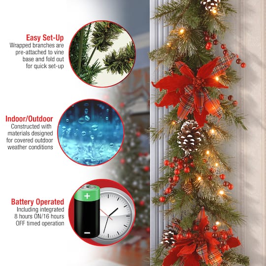 9' X 12" Pre-lit Decorative Collection Tartan Plaid Artificial Christmas Garland with Cones, Red Berries, Poinsettias and Soft White LED